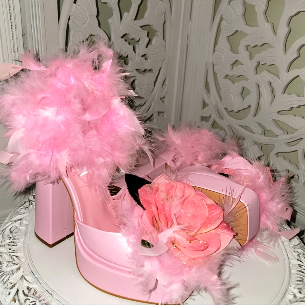 Custom Order "GiGi" Pink Rose Feather Crystal Platform Heels